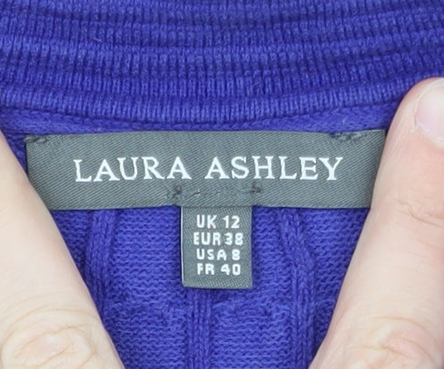Laura Ashley Women's Blue V-Neck Cotton Cable Knit Jumper Size 12