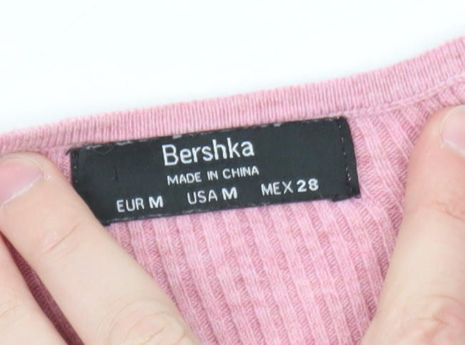 Bershka Womens Pink Ribbed Long Sleeve Bodysuit Size 12