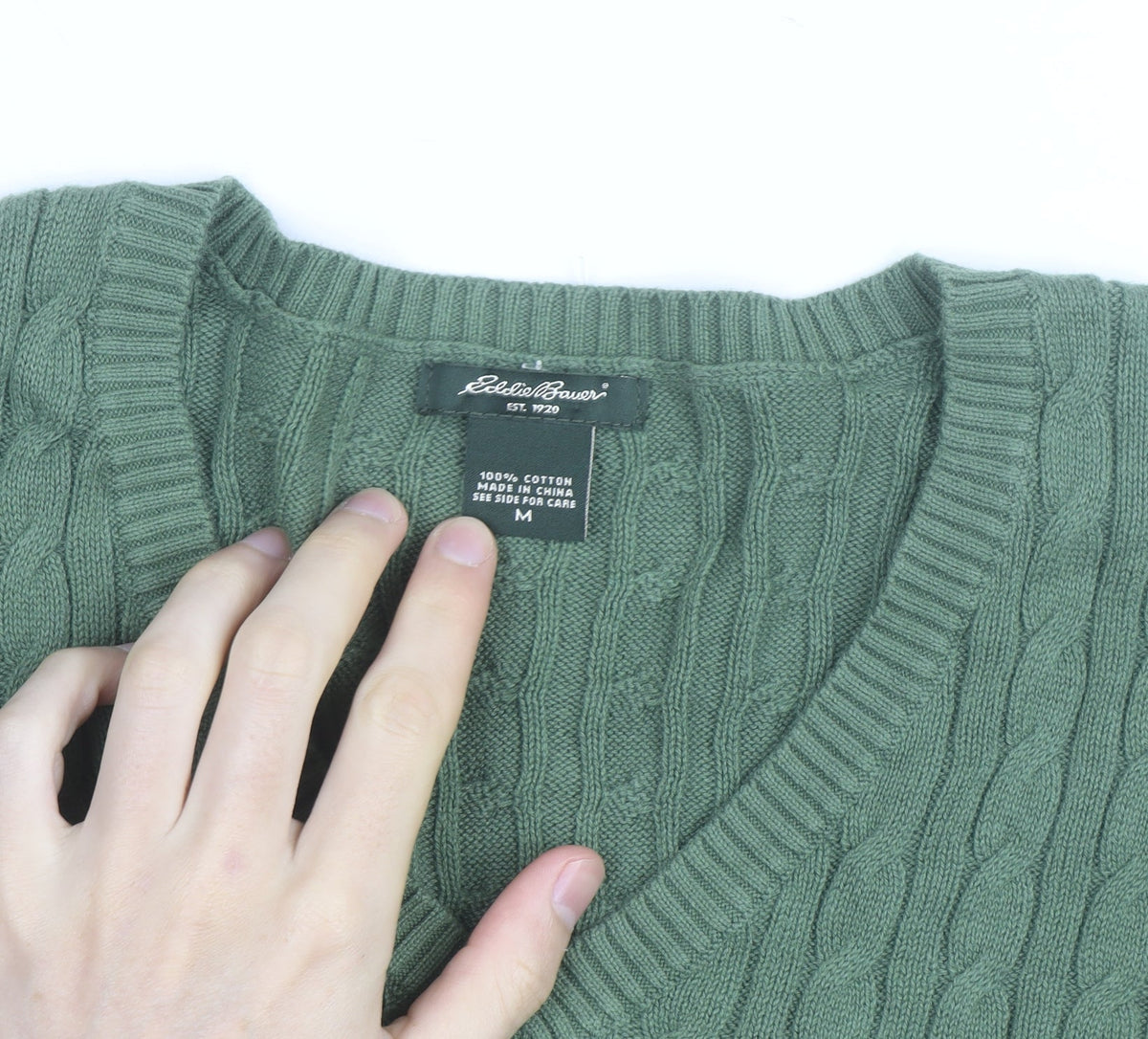 Eddie Bauer Women Green Cable-Knit V-Neck Cotton Jumper M