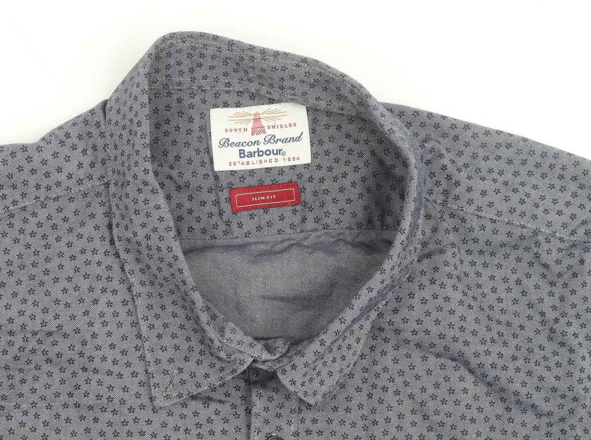 Barbour Beacon Men's Blue Geometric Slim Fit Long Sleeve Cotton Shirt M