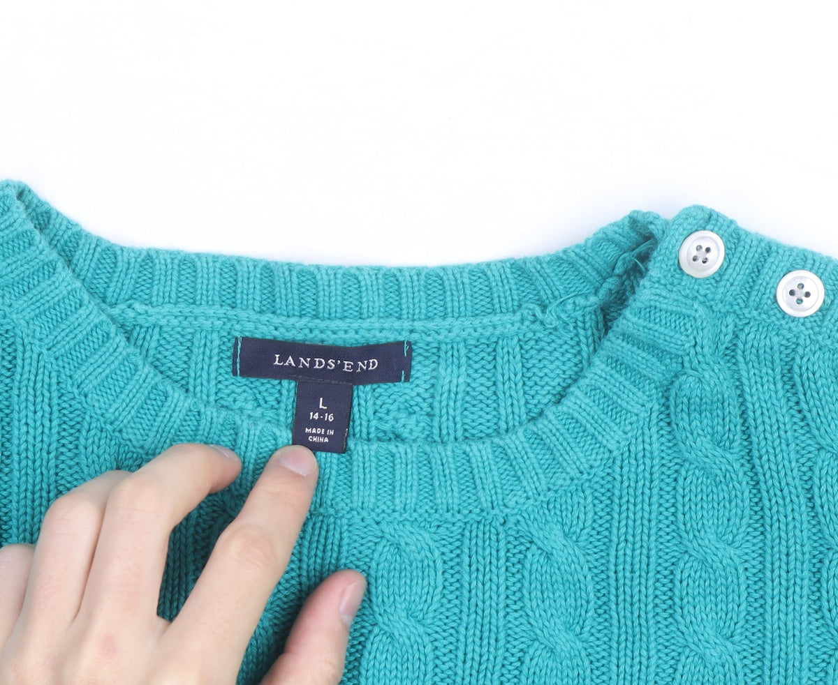 Lands' End Women's Green Cable-Knit Cotton Jumper Size L