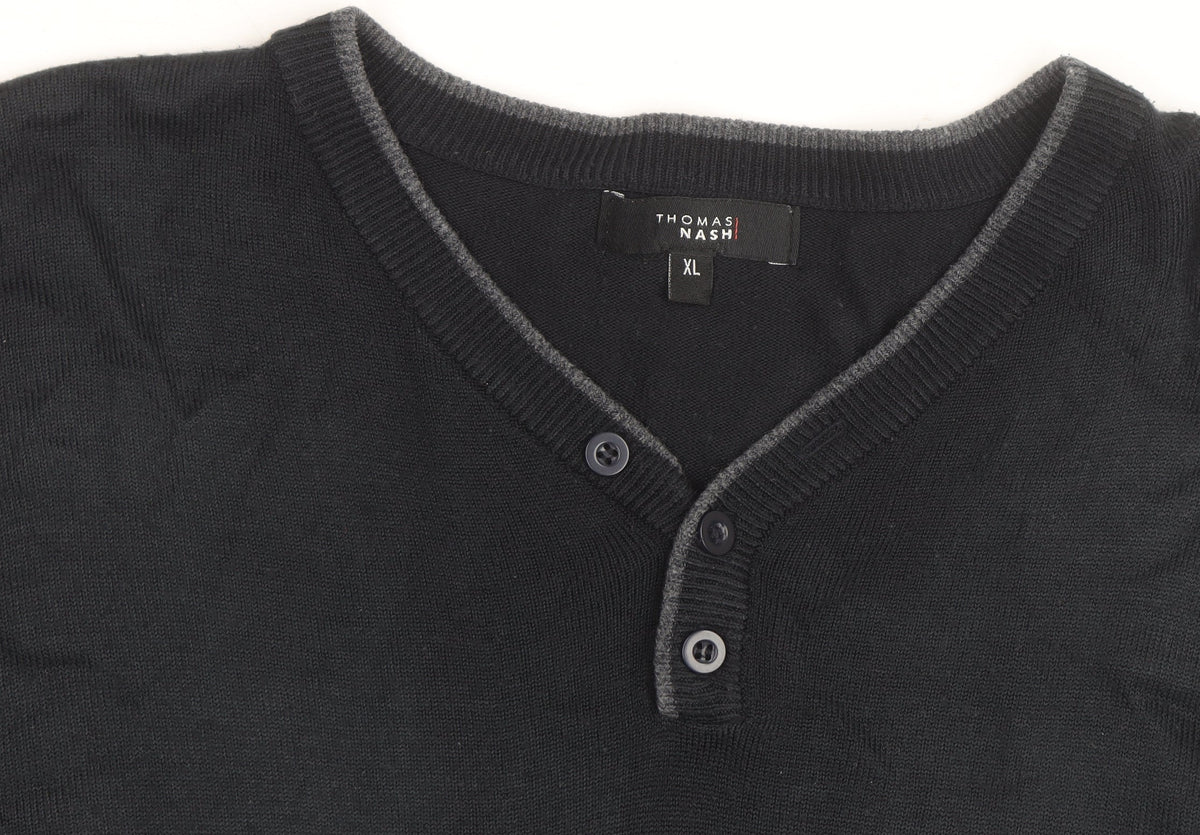Thomas Nash Men's Black XL Henley Knit Jumper Cotton Blend
