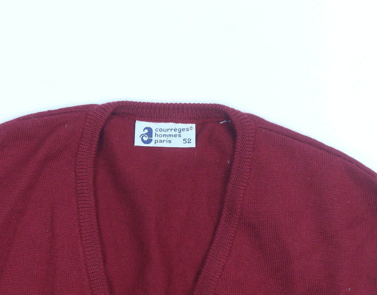 Courrèges Men Red Wool V-Neck Sleeveless Vest L Classic Knit