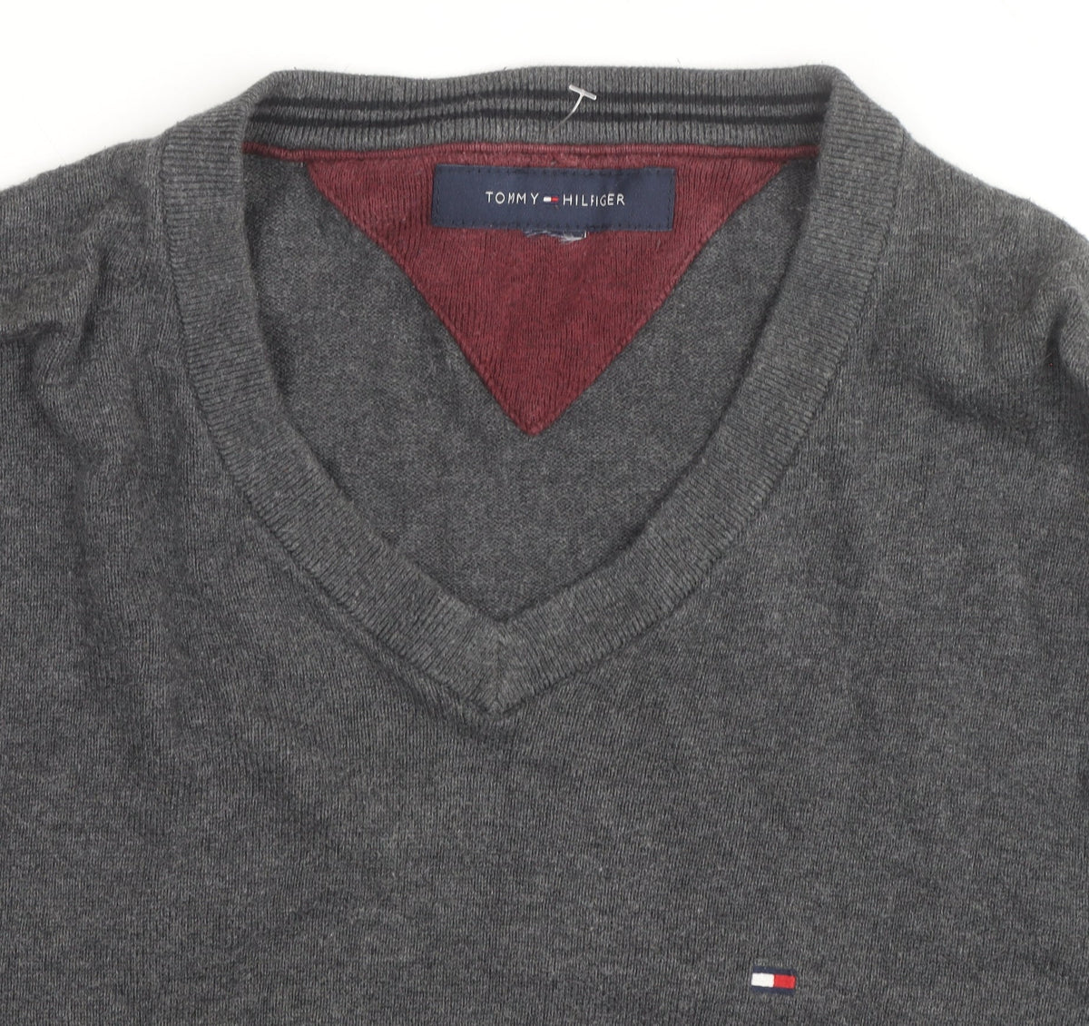 Tommy Hilfiger Men's Grey V-Neck Cotton Jumper Size M