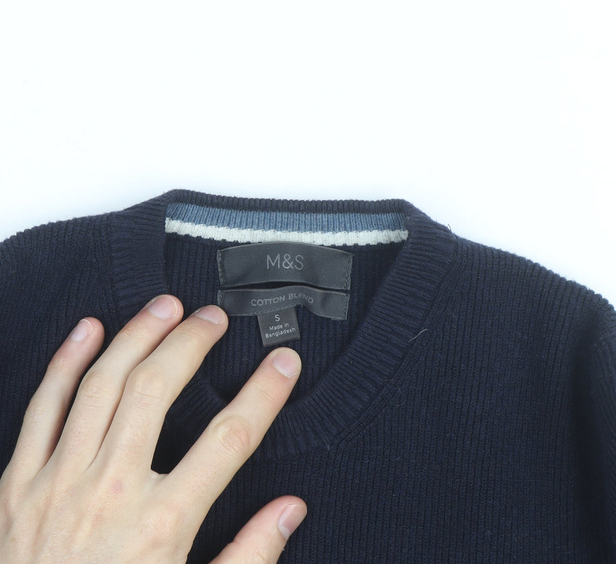 Marks & Spencer Men's Blue Cotton Blend Crew Neck Jumper Size S