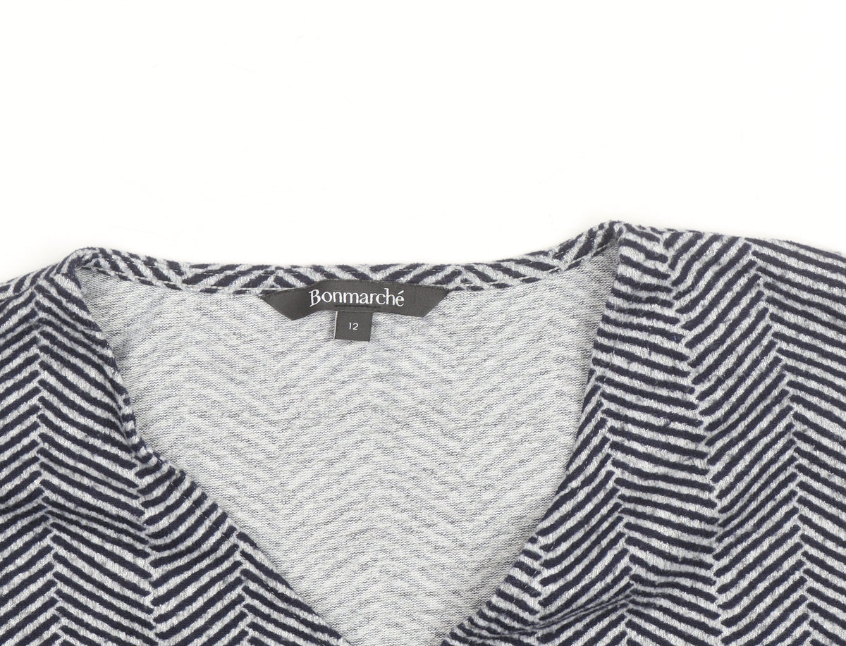Bonmarché Women Grey Geometric V-Neck Long Sleeve Pullover Jumper Size 12
