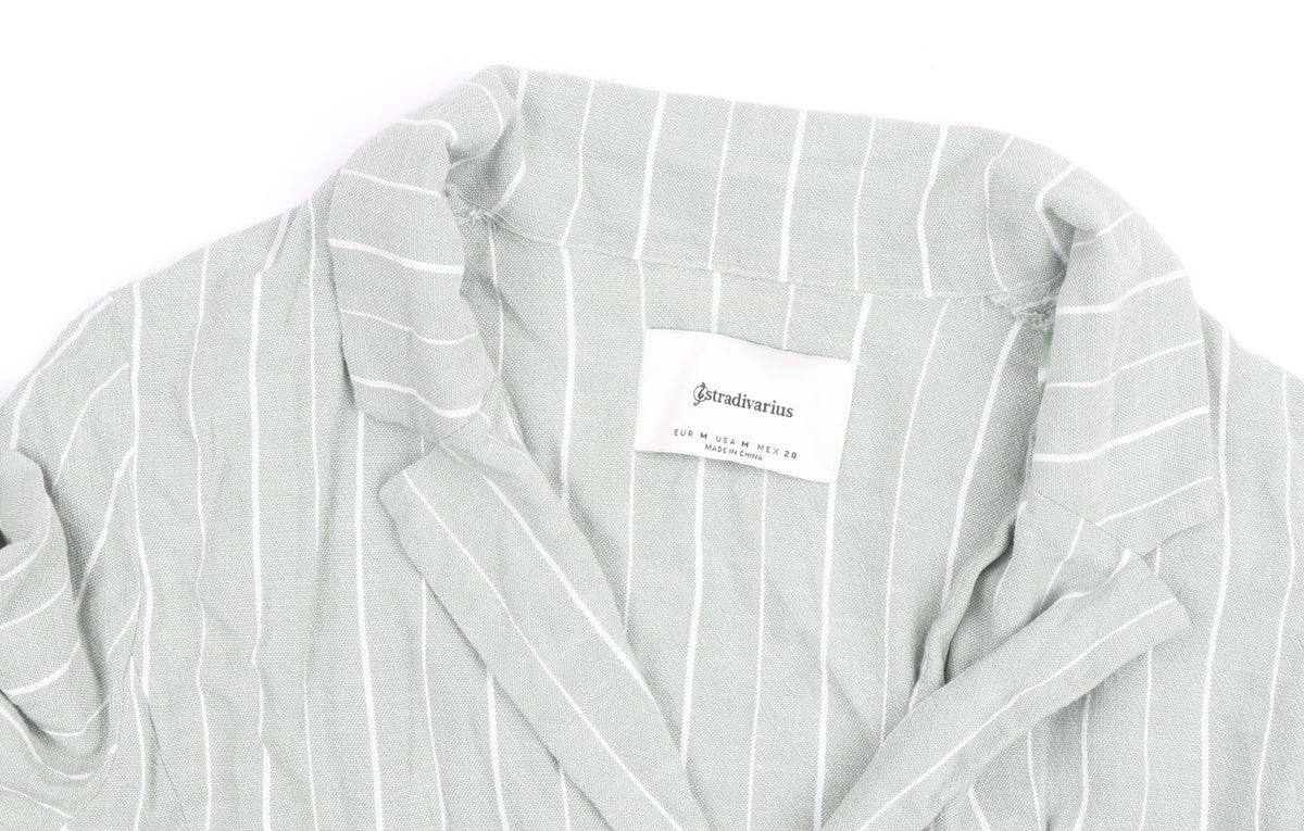 Stradivarius Women Green Striped Linen Blend Blazer Size 12