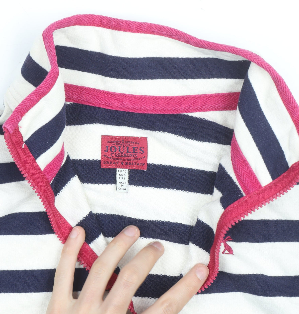 Joules Women's Navy Stripe 1/2 Zip Sweatshirt UK 10 Cotton Relaxed Fit