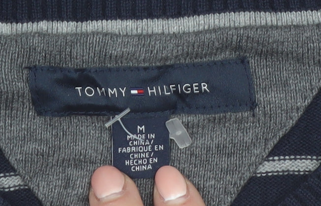 Tommy Hilfiger Men's Blue Striped Cotton V-Neck Jumper M