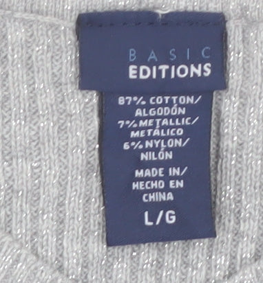 Basic Editions Womens Grey V-Neck Knit Pullover Jumper Size L