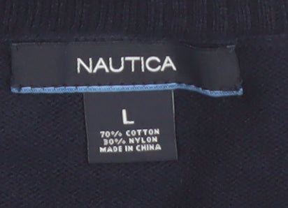 Nautica Women Blue Argyle V-Neck Cotton Knit Pullover Jumper L