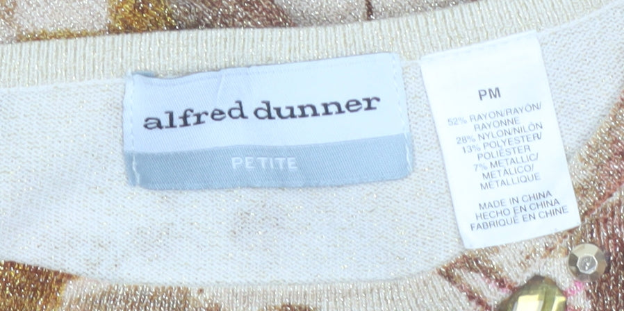 Alfred Dunner Womens Beige Floral Beaded Petite M Pullover Jumper