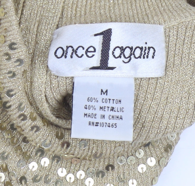 Once1Again Womens Beige Sequin Mock Neck Knit Jumper M