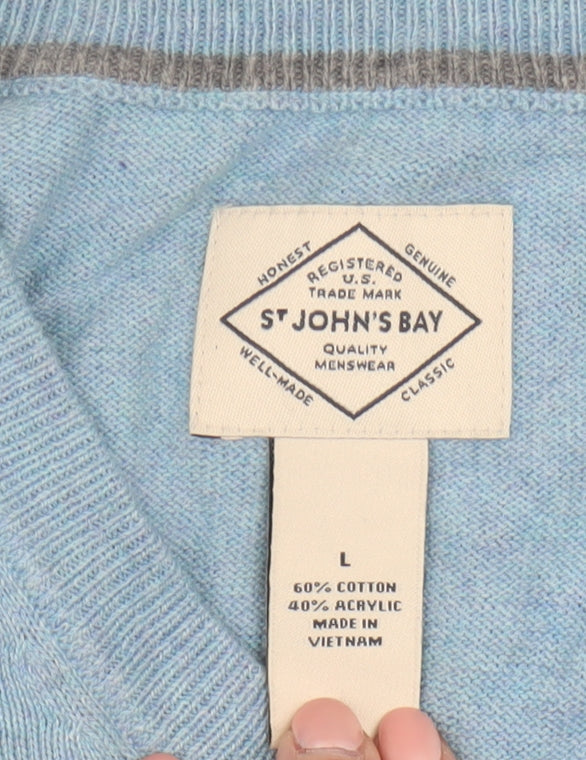 St John's Bay Men's Blue V-Neck Cotton Acrylic Jumper Size L