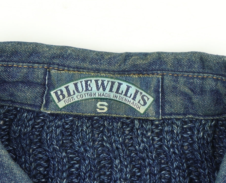 Blue Willi’s Men’s Blue Cable-Knit Henley Cotton Jumper S