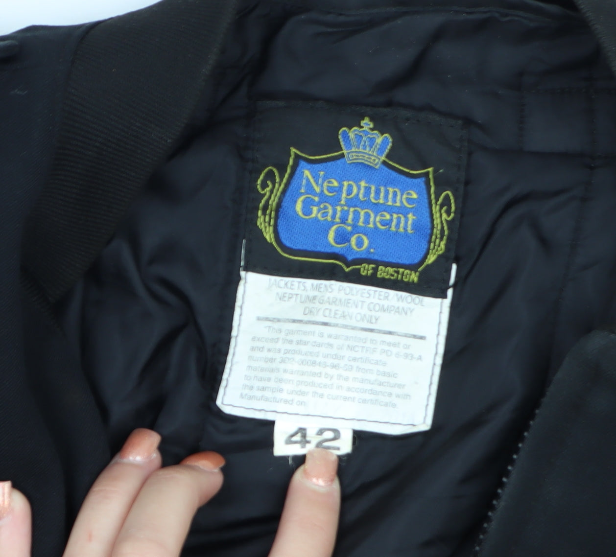 Neptune Garment Co. Men's Black Wool Blend Bomber Jacket Size 42