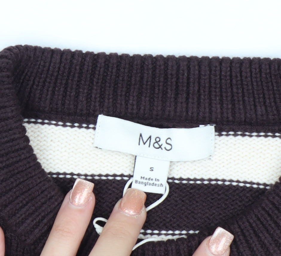 Marks & Spencer Women Brown Striped Crew Neck Cotton Jumper Size S