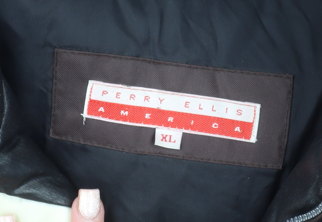 Perry Ellis Men’s Brown XL Puffer Jacket Nylon Down Retro Lined Zip Winterwear