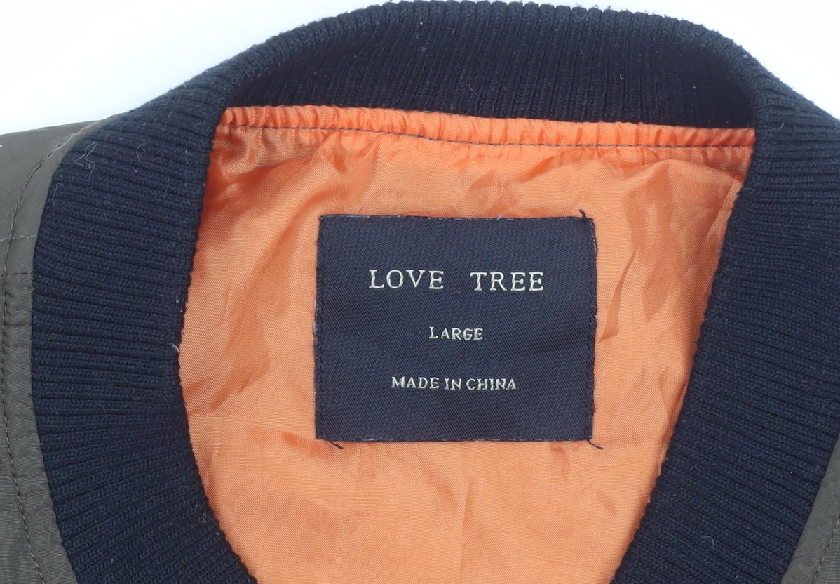 LOVE TREE Men's Green Bomber Jacket Size L Polyester Casual Zip