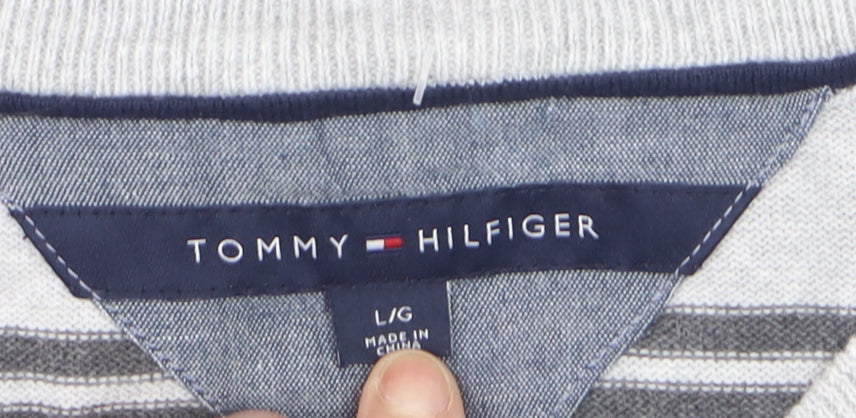 Tommy Hilfiger Men's Grey Striped Cotton V-Neck Jumper L