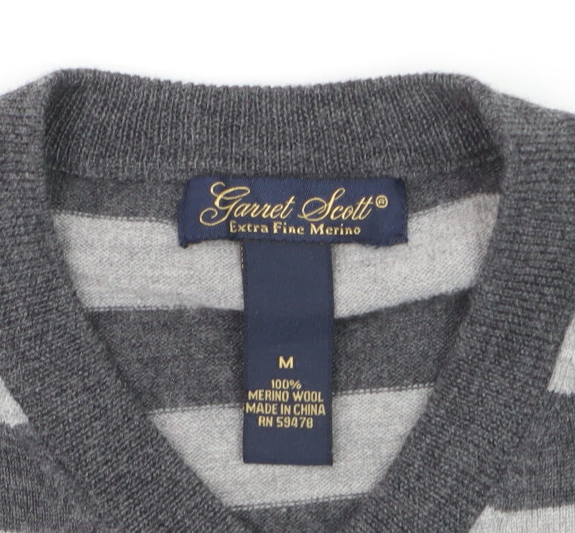 Garret Scott Men’s Grey Striped Merino Wool V-Neck Sleeveless Vest M