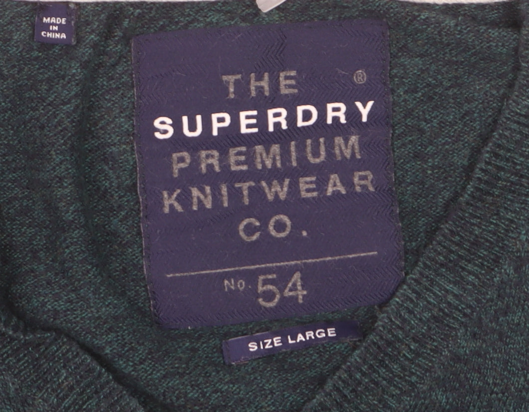 Superdry Men's Green V-Neck Knit Jumper Size L Cotton Blend