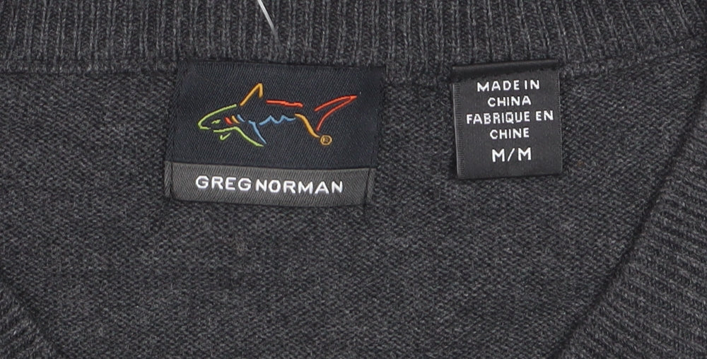 Greg Norman Men's Grey Striped V-Neck Cotton Pullover Jumper M