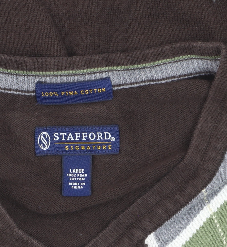 Stafford Men's Brown Argyle Cotton V-Neck Sweater Vest Size L