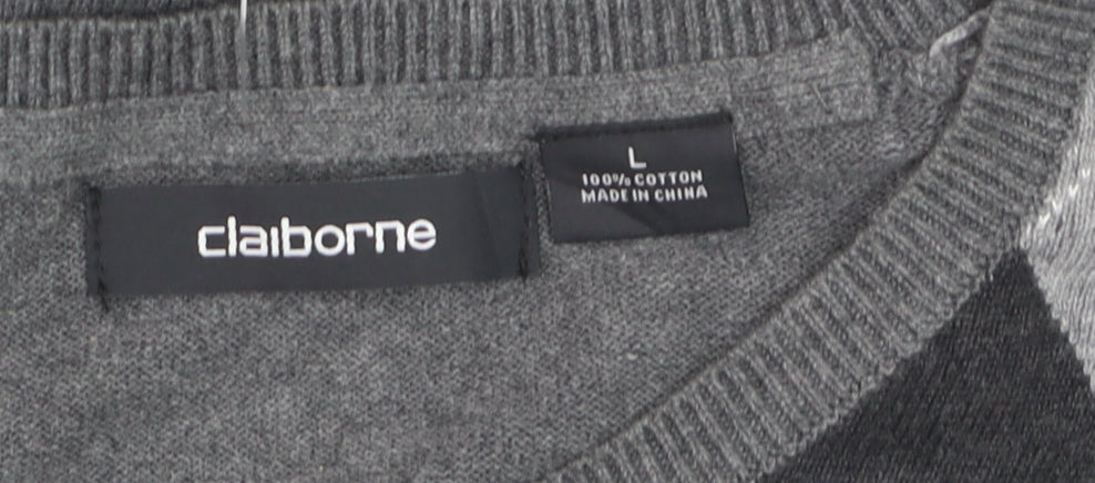 Claiborne Men's Grey Argyle V-Neck Cotton Jumper Size L