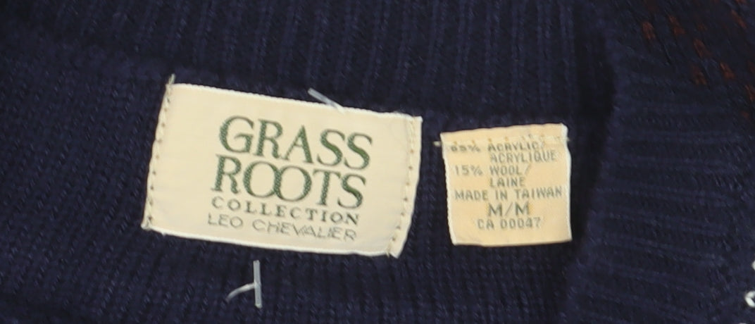 Grass Roots Men's Blue Wool Blend V-Neck Geometric Knit Jumper M