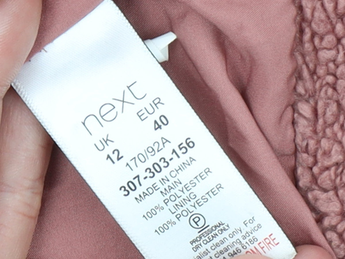 Next Women’s Pink Teddy Overcoat Size 12 Lined Mid-Length Polyester