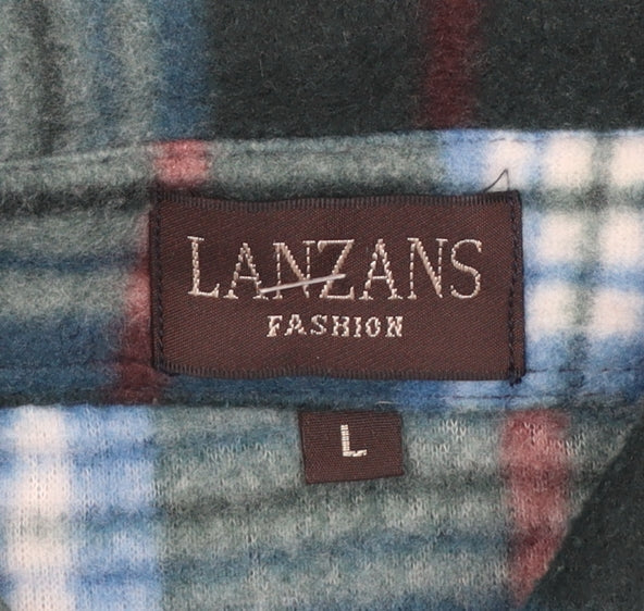 LANZANS Men's Green Plaid Flannel Button-Up Shirt L Regular Fit