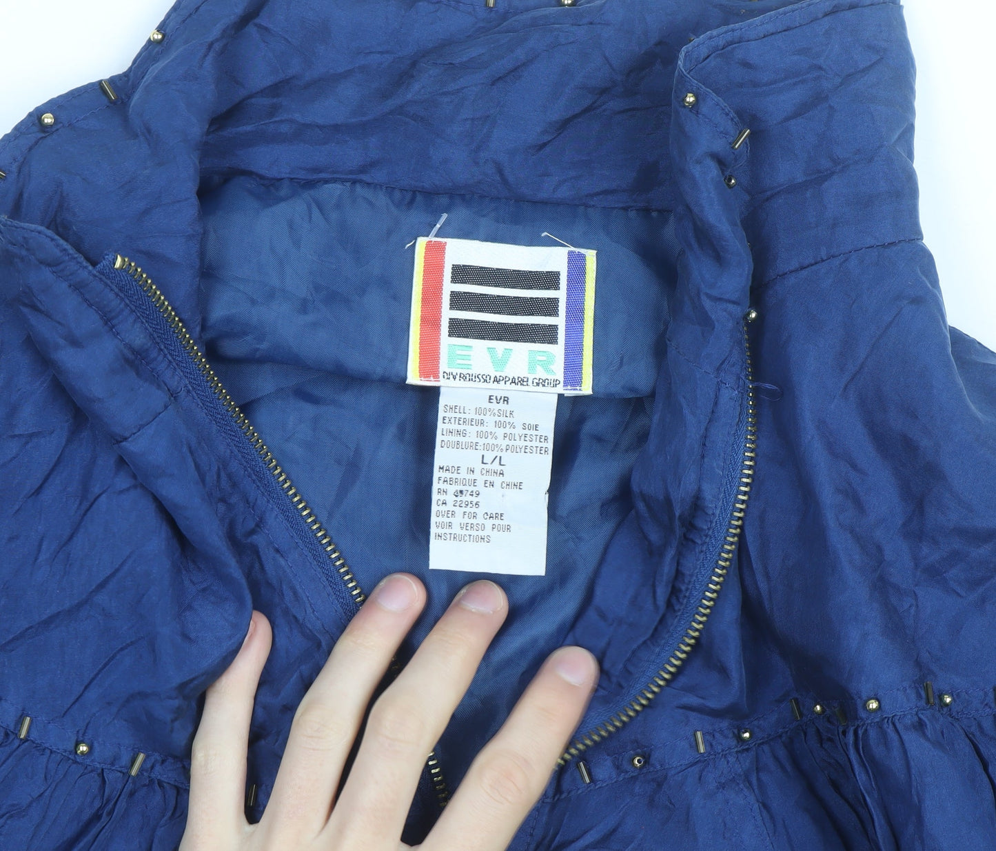 EVR Men's Blue Silk Studded Bomber Jacket L Vintage 80s Style