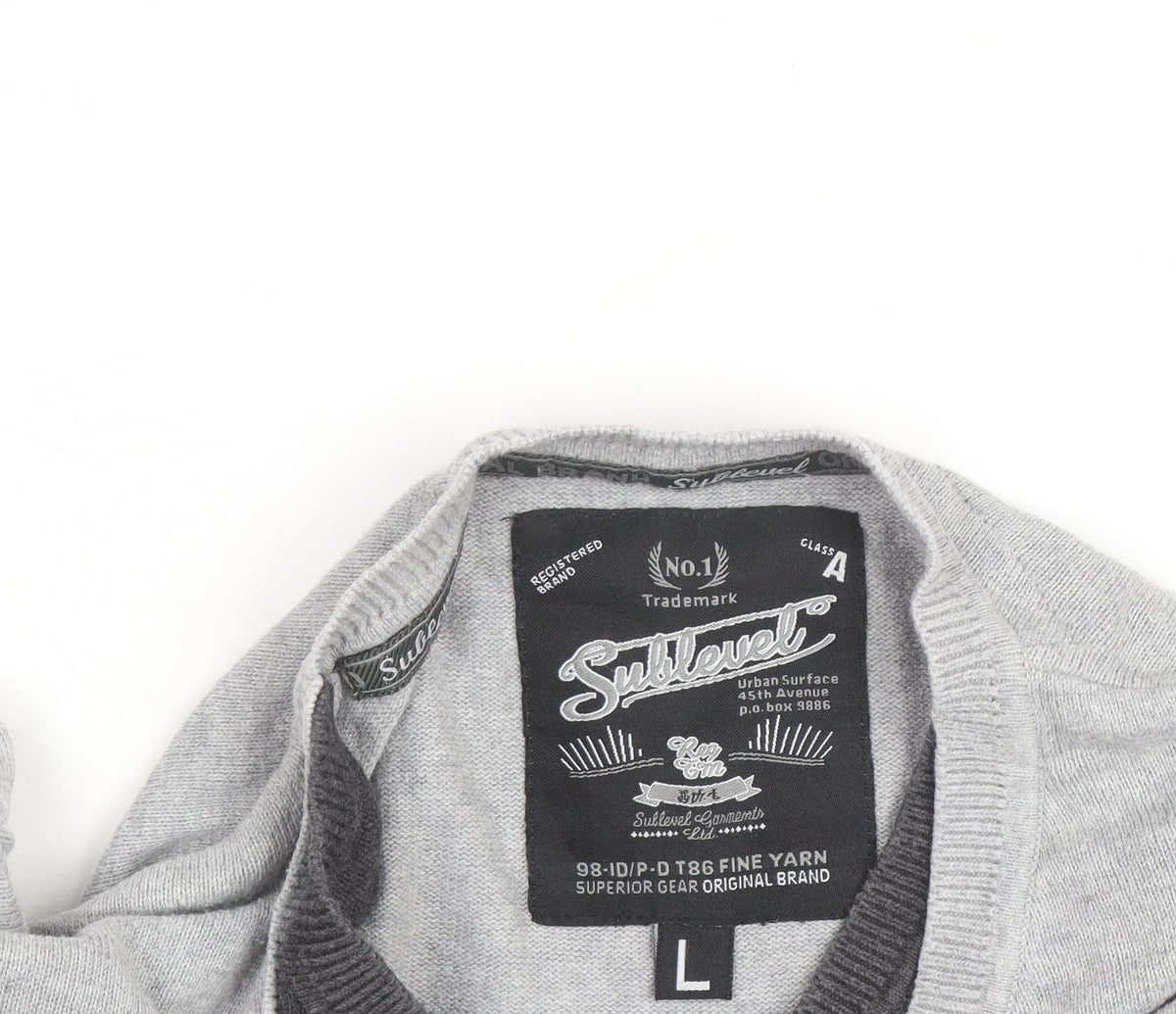 Sublevel Men's Grey V-Neck Cotton Knit Pullover Jumper Size L