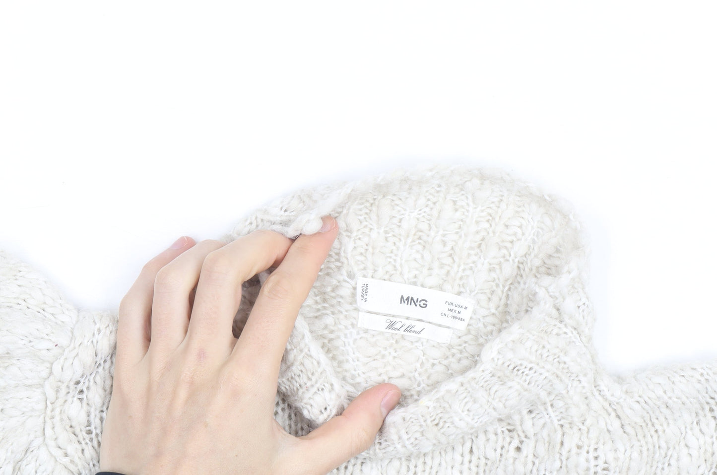 Mango Women Ivory Wool Blend Mock Neck Puff Sleeve Jumper Size 12