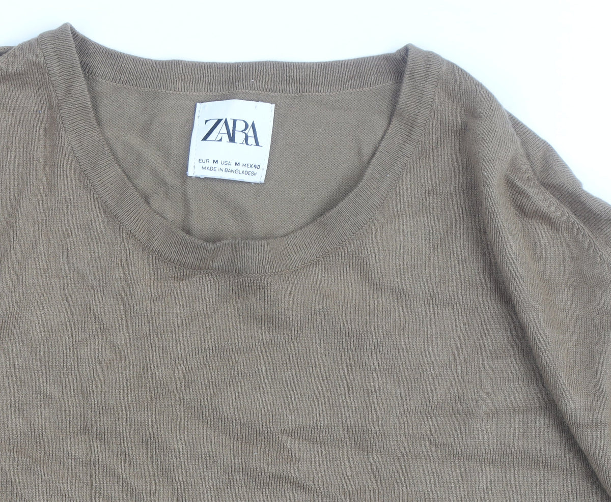 Zara Men Beige Cotton Blend Crew Neck Pullover Jumper M