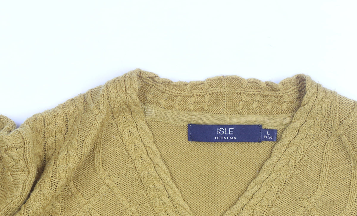 Isle Essentials Women's Yellow Cable-Knit V-Neck Acrylic Jumper Size 18-20
