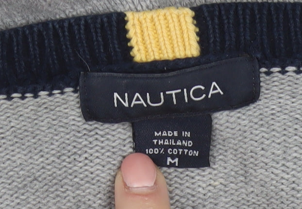Nautica Men's Grey Red Cotton Crew Neck Pullover Jumper M