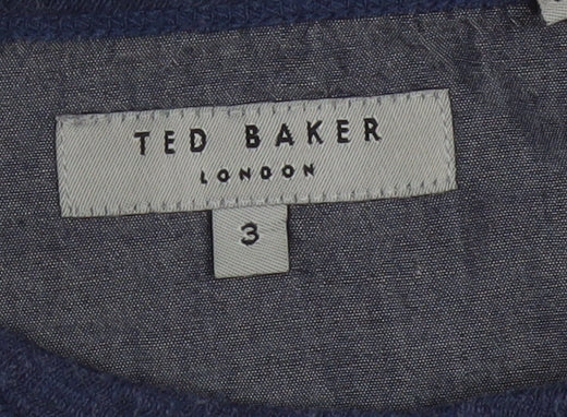 Ted Baker Men Blue Striped Cotton Long Sleeve Button Crew Neck Top M