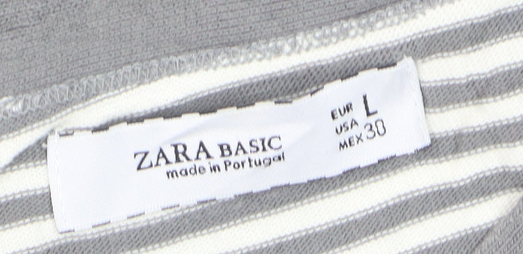 Zara Women Grey Striped Boat Neck Long Sleeve T-Shirt Size 12