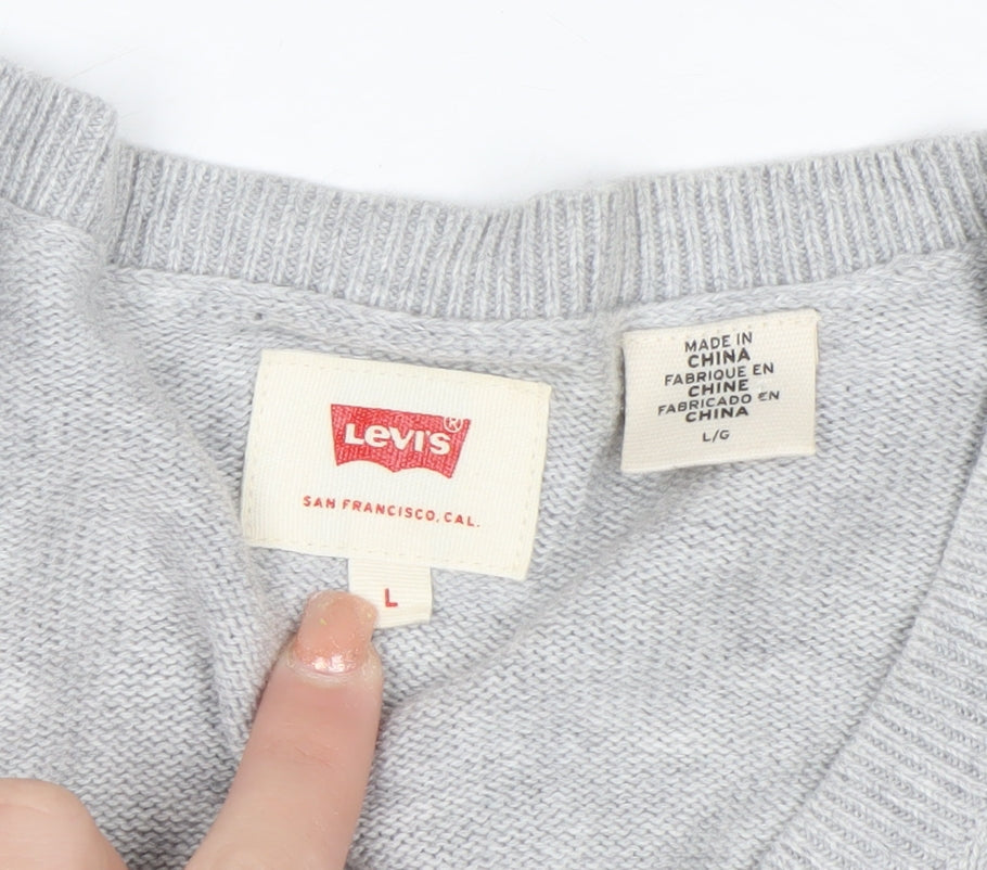 Levi's Men's Grey V-Neck Wool Jumper L Classic Knitwear