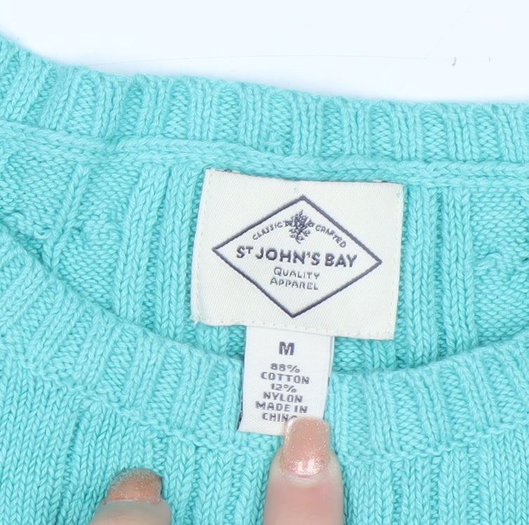St John's Bay Women's Blue Cable-Knit Cotton Jumper Size M