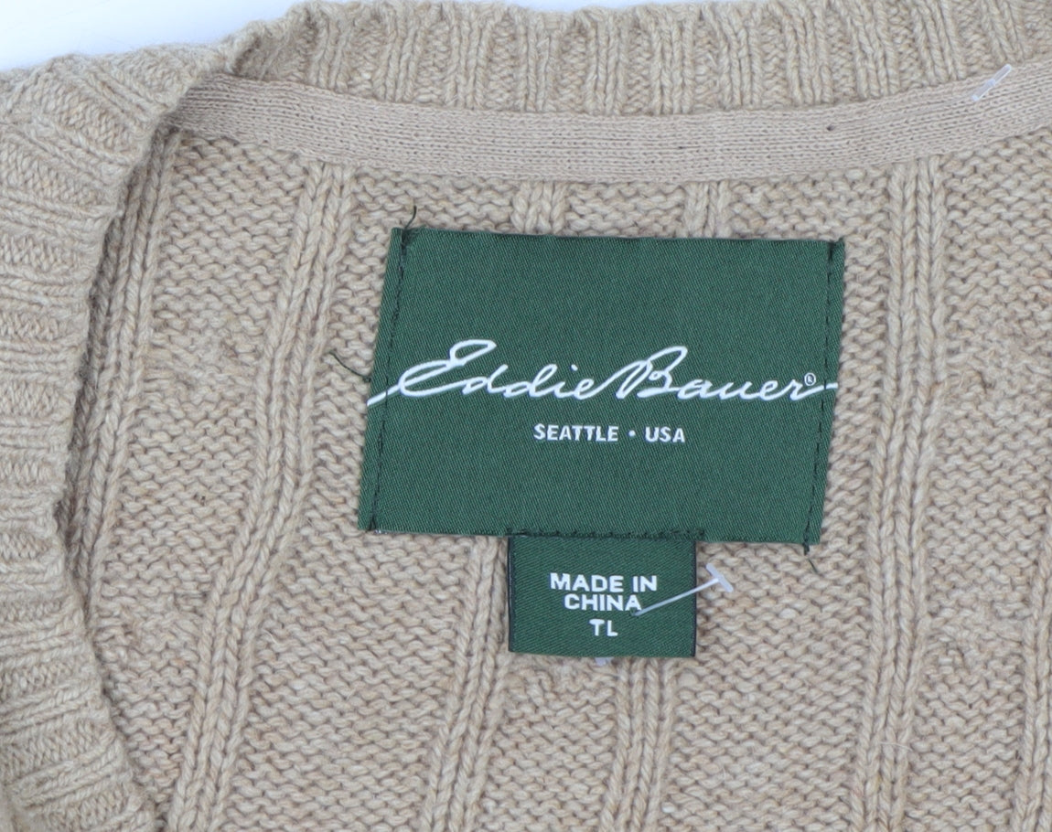 Eddie Bauer Men's Beige XL Cable-Knit V-Neck Pullover Jumper