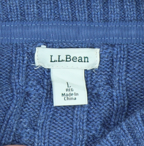 L.L.Bean Men's Blue Cable-Knit Cotton V-Neck Jumper Size L