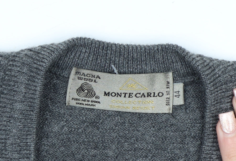 Monte Carlo Men's Grey Wool V-Neck Jumper L Classic Knit Pullover