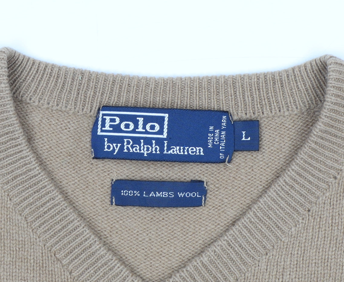Ralph Lauren Men's Beige Wool V-Neck Pullover Jumper L