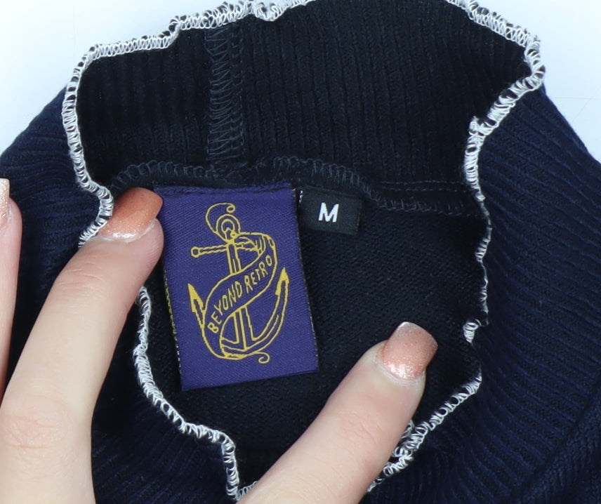 Beyond Retro Womens Blue High Neck Slim Fit Knit Jumper Medium