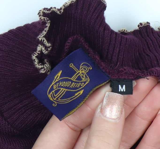 Vintage Womens Purple High Neck Ruffled Knit Jumper Size M