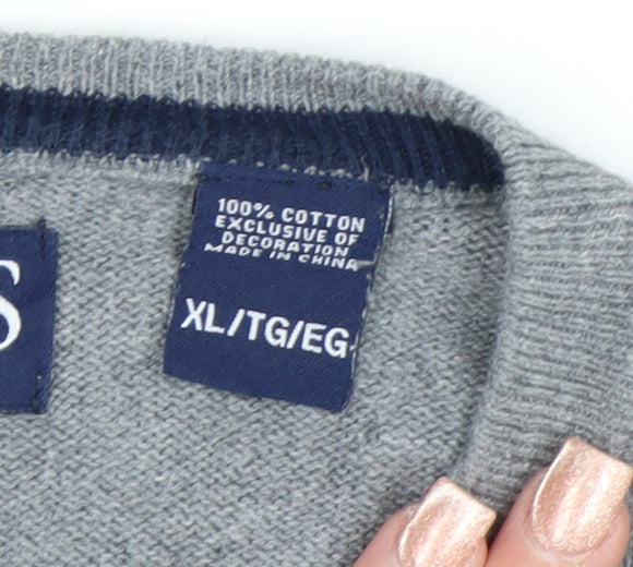 Chaps Men’s Grey Cotton V-Neck Jumper XL Classic Knitwear