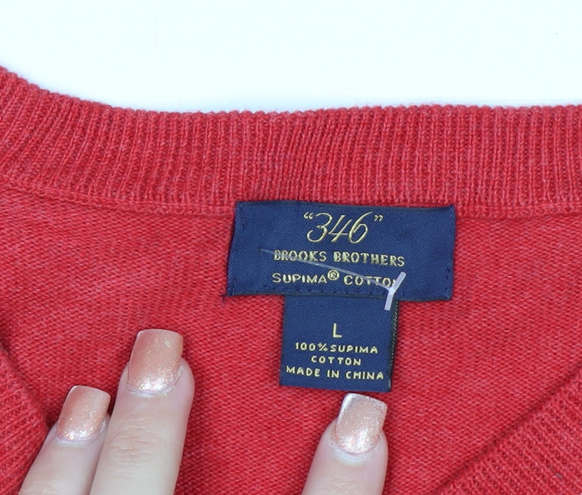 Brooks Brothers Mens Red L V-Neck Cotton Pullover Jumper